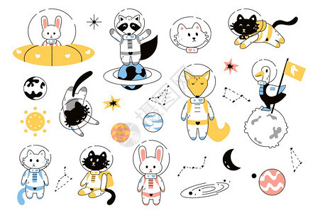 太空动物外星和系冒险宇航员穿太空衣的可爱猫和狐狸兔子或浣熊在太空船上飞的卡通鹅和探索宇宙矢量航员组空间动物外行星和系冒险宇航员穿背景图片