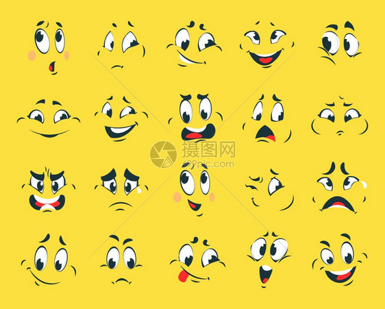 有趣的面孔卡通情感表达方式具有等高眼睛或眉和嘴部的漫画黄色背景的漫画黄色背景的动画黄色背景的动画或贴纸设计模板矢量组卡通情绪表达图片