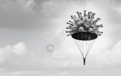 在大流行病和企业恢复之后或经济从冠状或共食19疾病中恢复过来之后作为商人或公民乘坐带有3D说明要素的软着陆降落伞图片