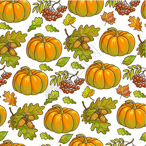 秋天蔬菜浆果和树叶无缝模式有机南瓜和草莓树枝红叶和橡子平式秋天采伐矢量红南瓜树叶和草莓无缝模式图片