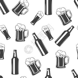 酒精饮料和泡沫玻璃杯啤酒瓶无缝模式啤酒和手工艺架吧或摊位背景饮料机构菜单的印刷品平板制的病媒啤酒杯和瓶子单色无缝模式啤酒杯和瓶子图片