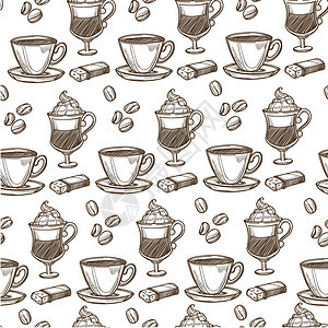 手绘咖啡饮品无缝图案矢量卡通背景图片