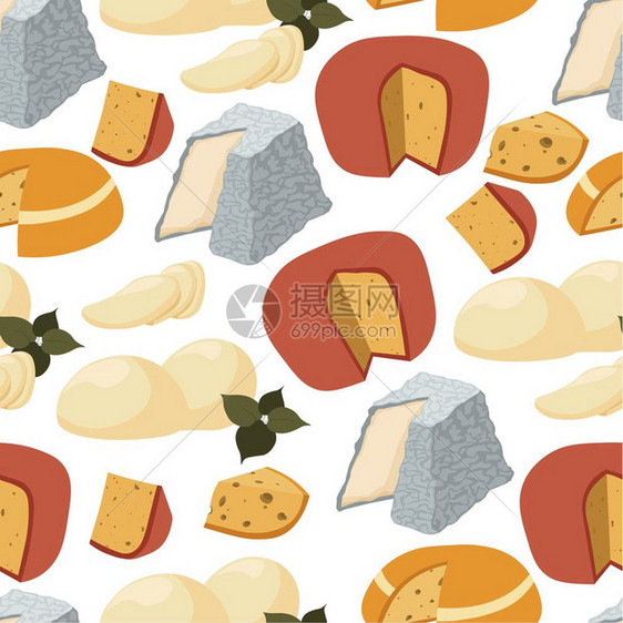 不同内容的乳制品有机奶酪的无缝模式切成碎块商店或市场上的杂质Cheddar和mozzarella平式的面粉部分矢量奶酪切片带有草图片