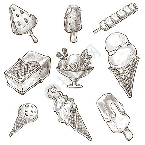冰淇淋类型种配有调味奶粉和华夫饼单色素描大纲的冰淇淋餐饮或食堂菜单的一套甜点西瓜切片形状的甜品平板矢量甜食类冰淇淋单色素描大纲图片