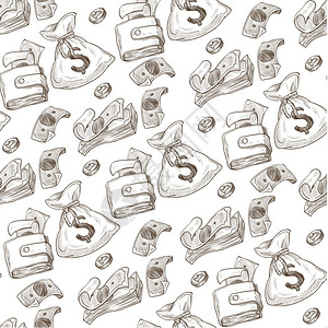 有钱的包和装满现金硬币和钞票的袋无缝模式投资或储蓄金融和银行业稀有金属单色草图大纲平式矢量装满钱币的袋和包无缝模式图片