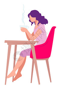 穿着衣服的女士早餐热茶饮料周末或人身隔离舒适的衣服和室内公寓式的病媒在家喝咖啡的妇女厨房角色图片
