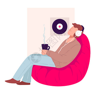 音频会议坐在沙发上喝咖啡听音乐的男子插画