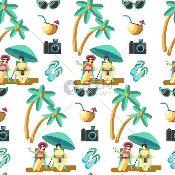 人们在海边榈树下度假休闲矢量插画图片