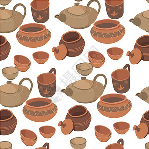 手制陶器碗和杯子盘茶壶无缝图案用装饰品的粘土制成餐具民族传统生锈厨房的用餐具平板的矢量用泥土制成的餐具手工制陶器成的无缝图案图片