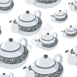 茶和热饮的餐具用装饰品的茶壶无缝模式古典陶瓷变制设计传统饮料的餐具平板式矢量茶叶经典壶装饰餐具的无缝模式图片