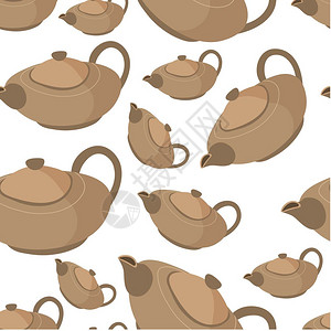 茶壶装有用粘土制成的餐具把手柄和盖子无缝的茶壶波特式爱好手工制造的陶瓷品液体耐久材料的厨具容器平式的干燥矢量茶壶餐具无缝模式图片