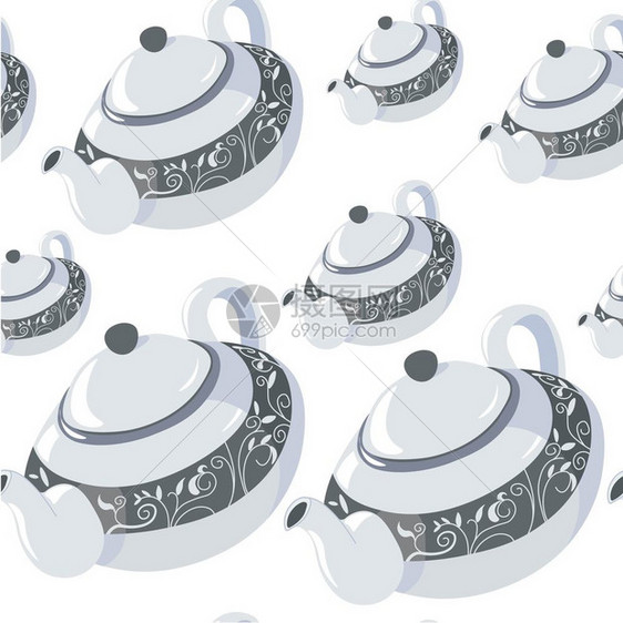 茶壶以经典风格设计装饰无缝图案茶叶餐具盖和控管的容器热饮料装饰陶瓷矢量的消光剂带有盖子控管和装饰品的经典茶壶图片