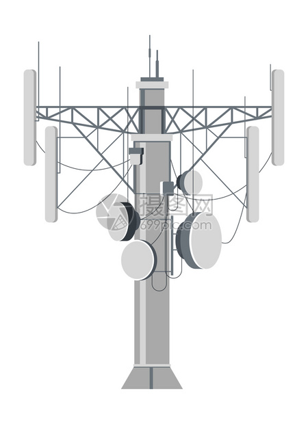 装有盘子和电线的塔台站用于连接的金属分离结构因特网无线电或移动话系统信雷达接收号波城市基础设施矢量接收信号和波浪的站台发射塔建造图片