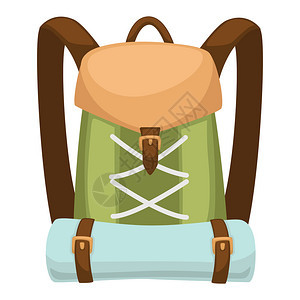 背包用于旅行露营假装满旅行用的包垫子旅行设备带调整的手提背包口袋和皮革材料平式矢量图片