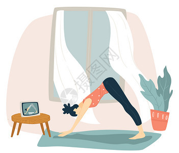 在冠状检疫期间在家网上观看录像瑜伽女背景图片