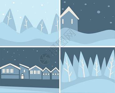 雪和花的风景城市观森林和建筑物覆盖着雪城镇或村庄的暴风雪景圣诞节时间的天空平式矢量冬季风景和带有雪花矢量的城市风景图片