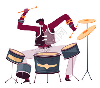 鼓手打用设备和棍棒演奏歌曲的孤立男人物爵士或摇滚专业运动员表现男子的音乐爱好或活动平式排练矢量专业鼓手演奏歌曲音乐艺术家演奏旋律图片