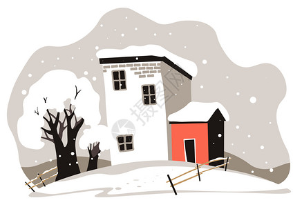 农村地区有栅栏和谷仓冬季节风景郊区或农村的Blizzard平式病媒冬季城市风景房屋和树木被雪覆盖图片