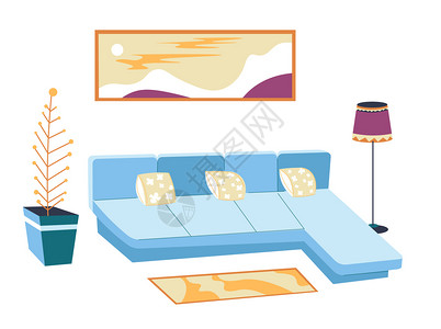 墙上有小枕头可爱地毯和全景墙壁艺术的Sofa装饰房屋种植和地板灯平式的矢量客厅或休息室设计当代住房图片