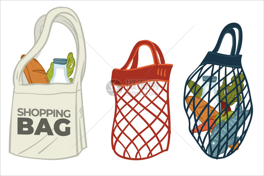 以布网或字符串制成的购物袋保护环境地球储存的杂货生态友好包装平式的病媒生态友好的帆布和网装袋矢量图片