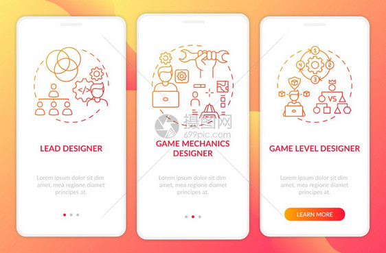 游戏设计师在带概念的移动应用程序页面屏幕上键入移动应用程序页面屏幕游戏级别设计师在项目上走过3步图形指示带有RGB颜色插图的UI图片
