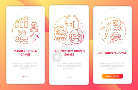 带概念的手机应用程序页面屏幕上的视频游戏类型艺术驱动的游戏创建过程通3步图形指示配有RGB颜色插图的UI矢量模板带有概念的手机应图片