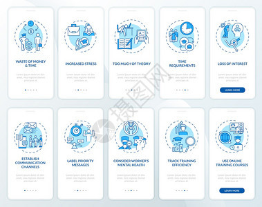 员工辅导和开发带有设定概念的上载移动应用程序页面屏幕员工队伍重新登上行走5步的图形指示配有RGB彩色插图的UI矢量模板图片