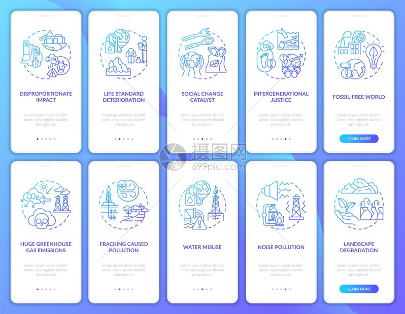 包含概念的移动应用程序页面屏幕上的气候正义类别通过10步图形指示全球变暖配有RGB颜色插图的UI矢量模板带有概念的移动应用程序页图片