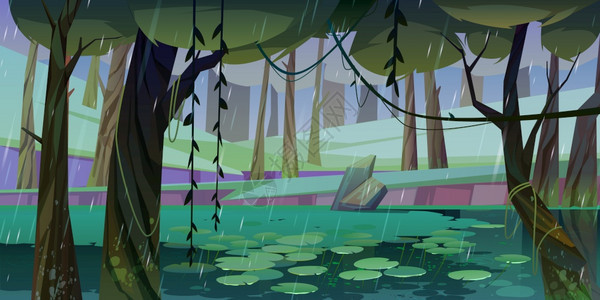 卡通矢量图森林中的雨与沼泽湖泊自然景观图片