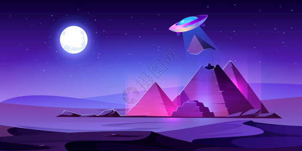 Ufo在夜间沙漠中飞行卡通矢量插画图片