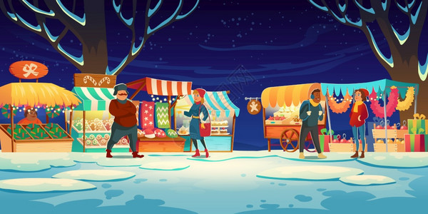 圣诞节展览会上的人有糖果圣塔帽蛋糕和姜饼的市场摊位矢量漫画冬季风景传统节日市场晚上有园林灯光圣诞节展览会上的人有市场摊位图片