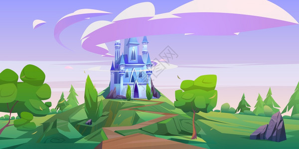 卡通城堡神奇的童话故事宫殿有塔幻想堡垒站在山顶上有岩石路通往大门和云层天空中世纪建筑梦想矢量图卡通城堡有塔的神奇仙宫图片