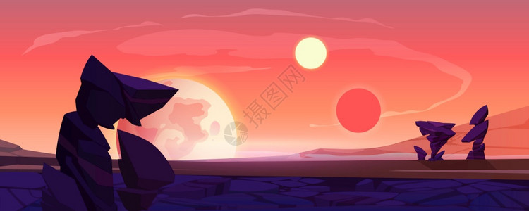 外星计算机游戏背景卡通矢量插图外星行景观黄昏或黎明沙漠表面有山脉岩石卫星和两颗太阳照耀橙色天空图片