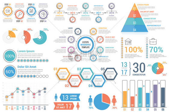 商业和演示文稿的制图要素百分比时间表条形和线图表金字塔圆图饼矢量eps10插图图片