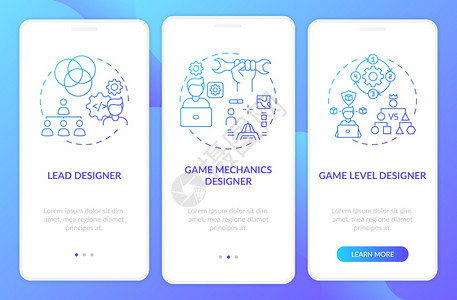 游戏设计师在带概念的移动应用程序页面屏幕上键入移动应用程序页面屏幕游戏级别创建者在项目上走过3步图形指示带有RGB颜色插图的UI图片