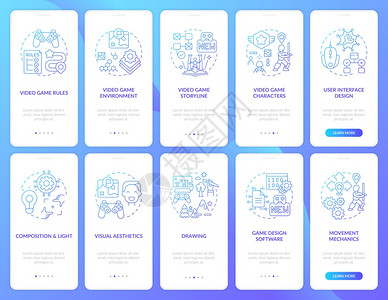 视频游戏设计在置概念的移动应用程序页面屏幕上视频游戏创建过程通10步图形指示带有RGB颜色插图的UI矢量模板视频游戏设计在置概念图片