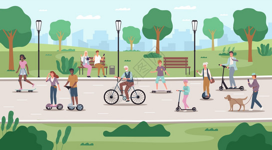生态城市交通不同年龄的男女使用电动摩托车自行梯子和滑板生态城市车辆现代移动方法病媒卡通概念公共园人员男女使用电动摩托车矢量卡通概图片