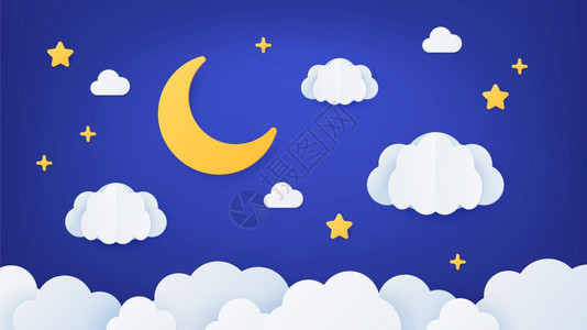 纸色夜空质梦幻景观有月亮星和云彩纸质剪动婴儿睡眠的漫画装饰矢量概念纸质漫画有星的夜间装饰纸质梦景有星和云彩纸质梦景有月亮星和云彩图片