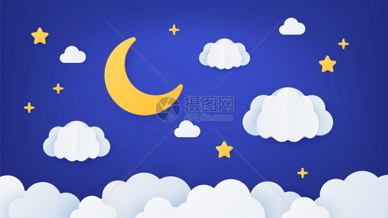 纸色夜空质梦幻景观有月亮星和云彩纸质剪动婴儿睡眠的漫画装饰矢量概念纸质漫画有星的夜间装饰纸质梦景有星和云彩纸质梦景有月亮星和云彩图片