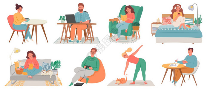 男人和女在家里男和女在室内休息工作锻炼和爱好隔离字符留在家庭概念矢量组妇女和男子在室内公寓放松插图男人和女在家里放松室内运动和爱图片