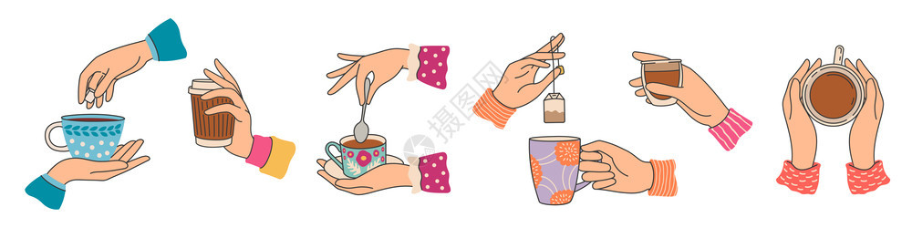 握着茶杯的手配有咖啡或可的高级女手酿茶袋早餐热饮和料流行病媒组合说明茶饮和咖啡带或可的高级女手流行病媒组合图片