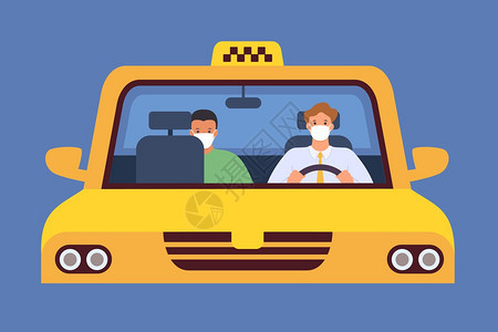 戴着口罩拉着乘客上路的出租车司机卡通矢量插画图片