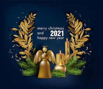 冬季节庆快乐的圣诞节和新年201的快乐新用金色的萝露叶蜡烛和圣天使松树枝和苹果贺卡平板的矢量圣诞快乐和新年201的欢庆旗帜图片