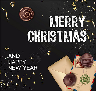 新年快乐圣诞喜庆海报配有装饰的金色品巧克力糖果和欢迎明信片或致圣达克莱斯的信12月节日图片