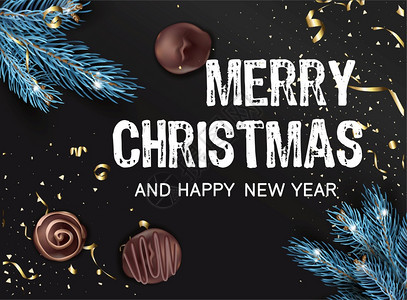 庆祝圣诞节和新年日配松树枝和小园地的节日装饰卡带果仁的糖和金色罐头节庆和祝贺平式的病媒圣诞快乐和新年糖果和松树图片