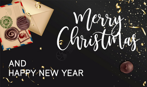 庆祝冬季节假日快乐的圣诞节和新年快乐用书写文字和信封的节日旗帜巧克力糖果和甜品平式的病媒圣诞快乐和新年冬季假日背景图片