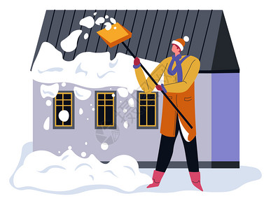 男子通过建筑从路边扫雪男子在冬季户外工作在院子里做家务住在其地产中的人冬季活动以平面图显示的矢量男子通过家庭冬季室外清洗雪男子通图片