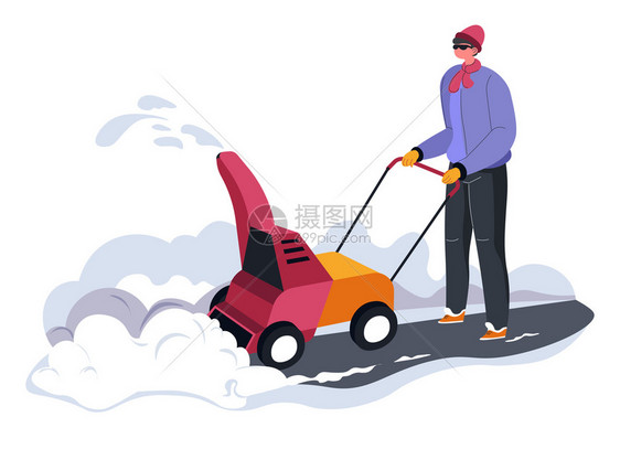 男人物使用吹雪机或特殊器从街道和公路上清除积雪物携带清洁铺面工具的人冬季设备平式病媒在机器的帮助下人在外面清洗积雪图片