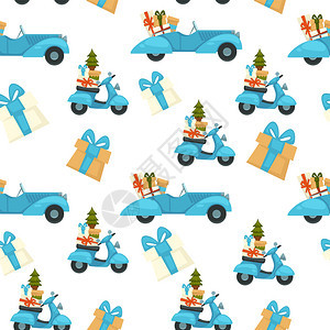 圣诞节日庆祝活动无缝的滑摩托车模式配有松树和礼物的冬季问候礼物贺卡的背景或打印新年和xmas节日平板的矢量配有松树和圣诞礼物的滑图片