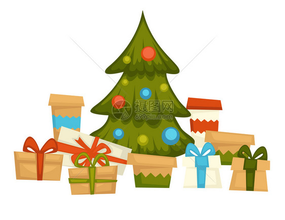 长青松树上面装有花冠和箱礼物的赠与圣诞节的传统礼物闪发光的球庆祝和节日的心情平式矢量装配花冠的松树下面展示的是图片